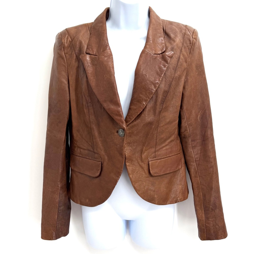 VTG Y2K Moda International Leather Blazer Jacket Size M Western Brown Cognac